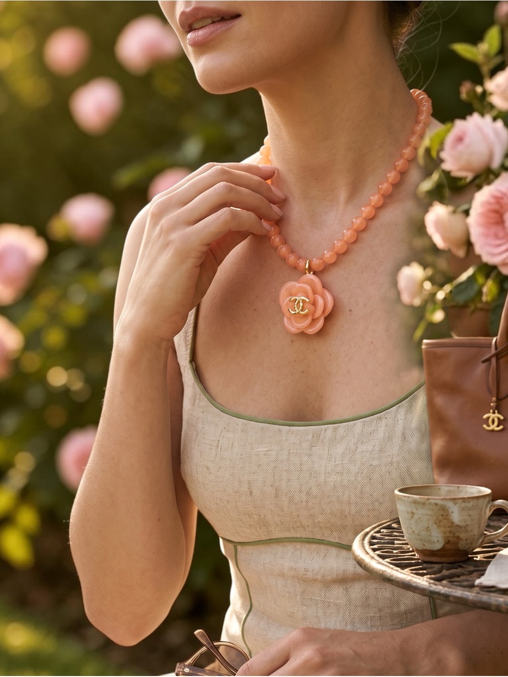 Peach Bead Camellia Pendant Necklace - Chanel